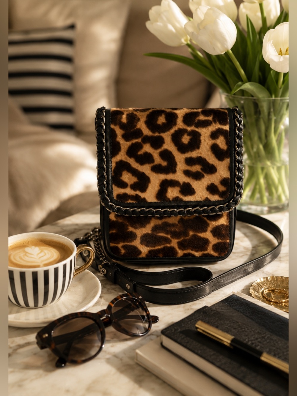 Henri Bendel Leopard Print Calf Hair Chain Shoulder Bag